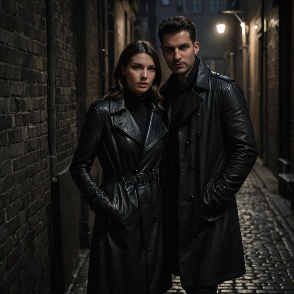 Stylish Couple in Leather Coats in Alley