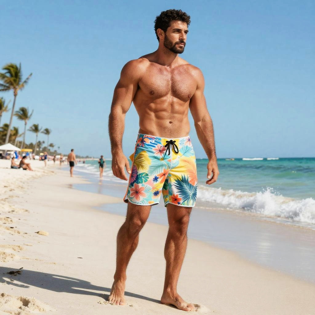 Fit Man in Tropical Floral Swim Shorts on Sunny Beach