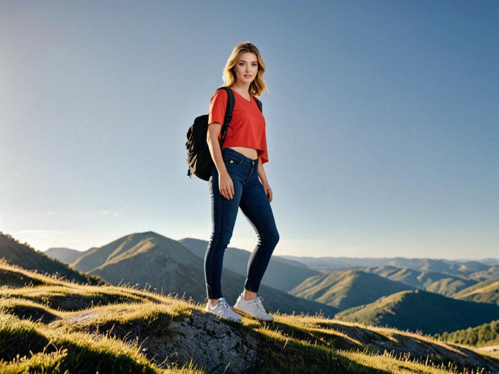 Woman in red T-shirt with mountain range