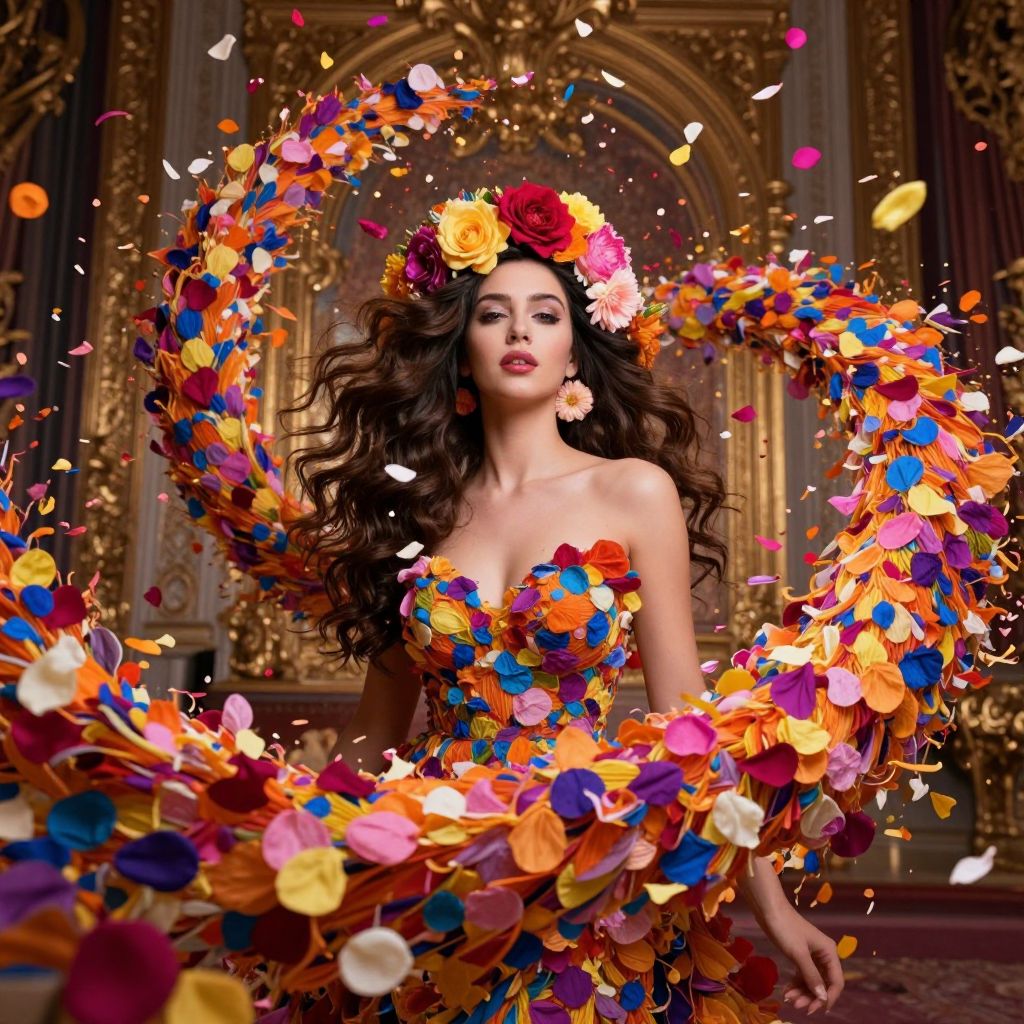 Woman in Colorful Floral Dress with Vibrant Petal Swirl in Ornate Room