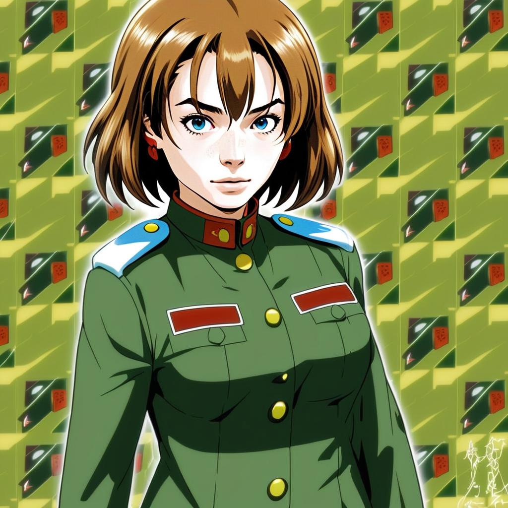 Anime Illustration of Woman in Military Uniform with Blue Eyes