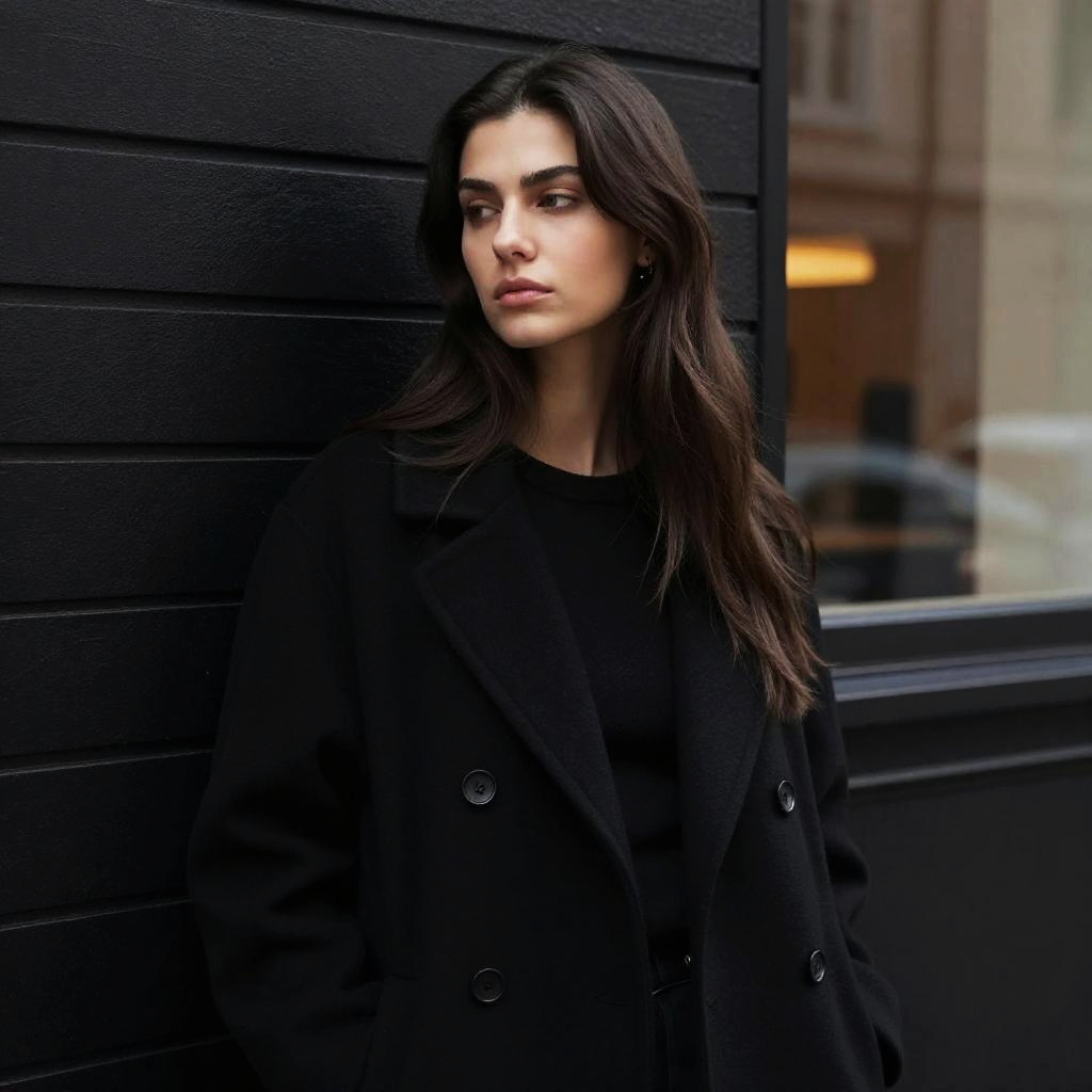 Thoughtful Young Woman in Black Coat Against Dark Wall - Gen Z Style