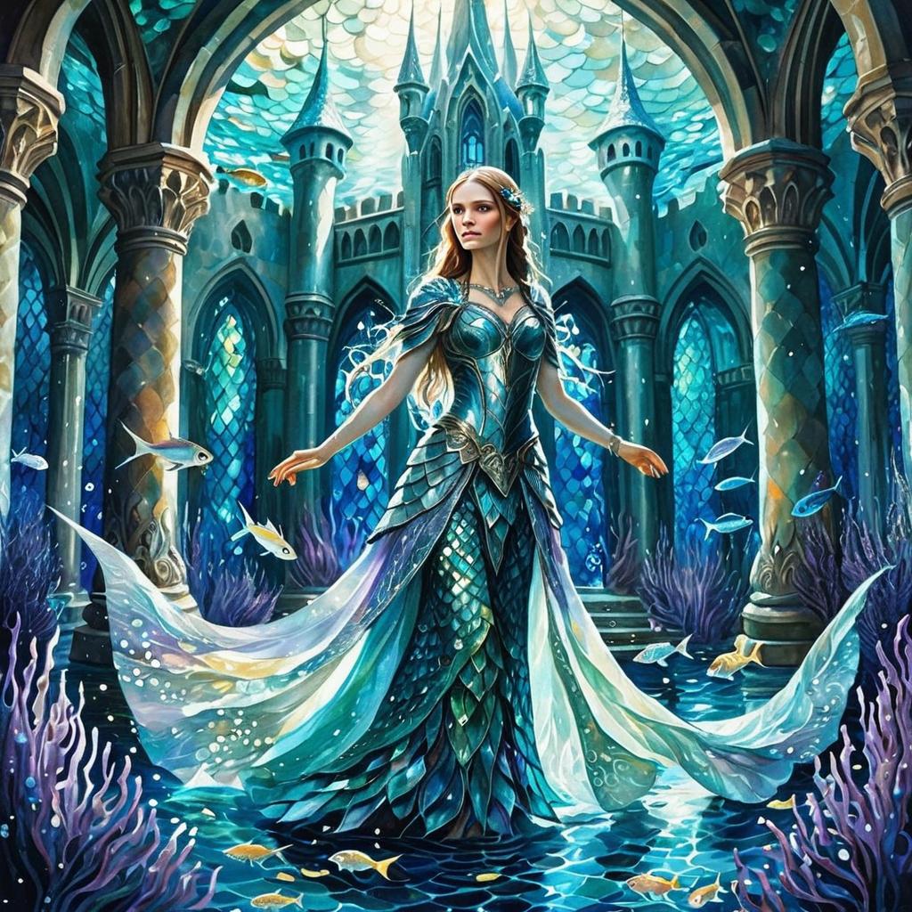 Fantasy Illustration of Woman in Underwater Castle Wearing Aquatic Armor Gown