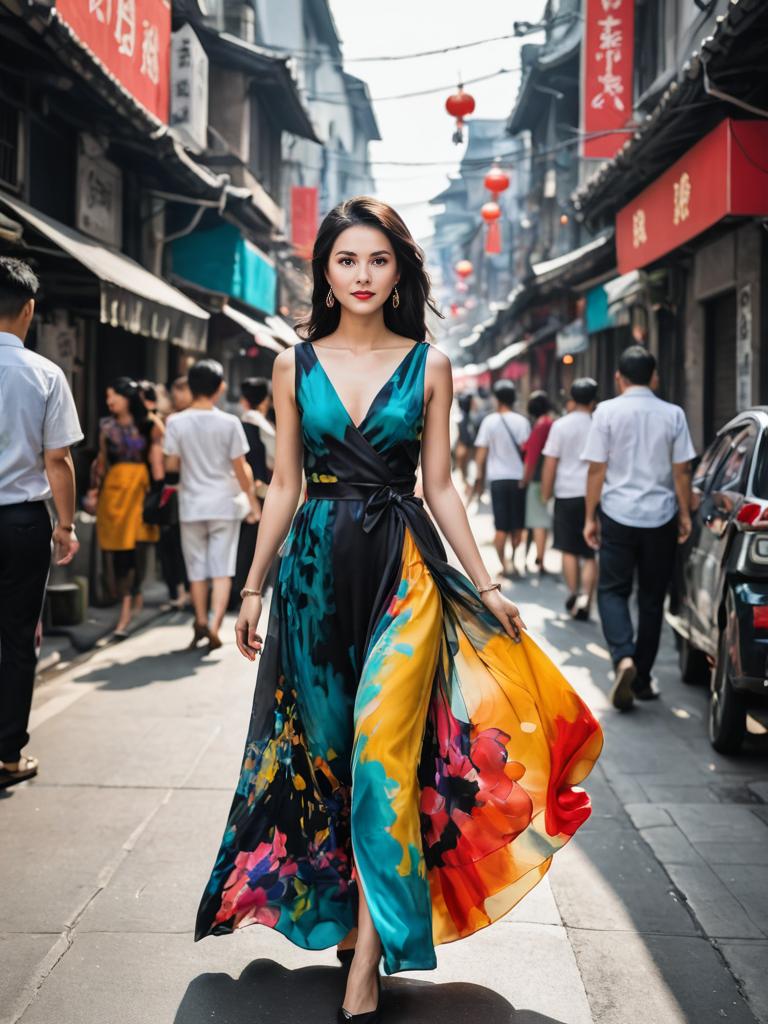 Woman in colorful dress on urban street