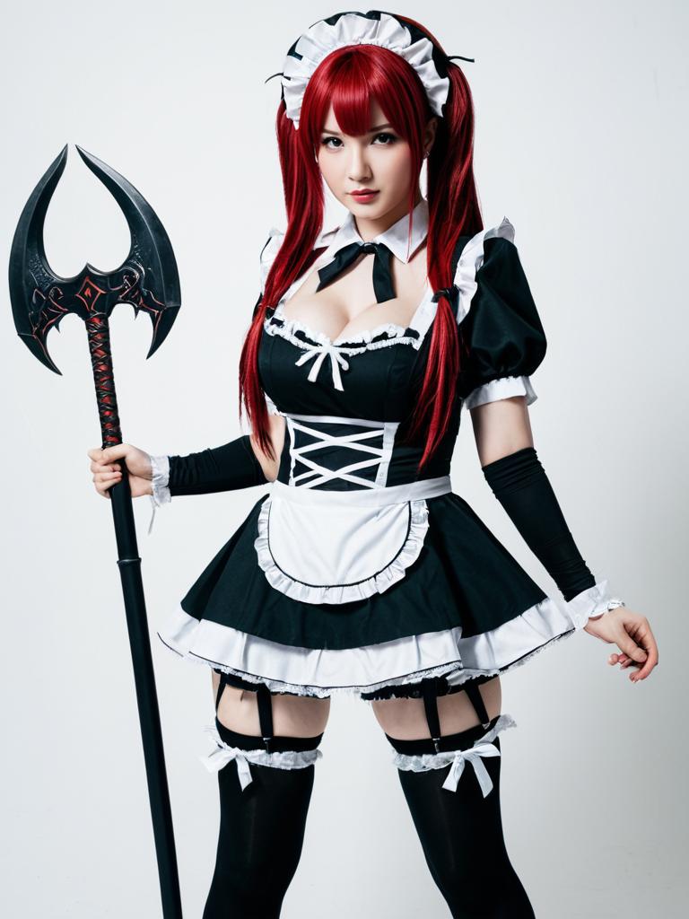 Airi the Infernal Temptress in Gothic Maid Cosplay with Trident Weapon