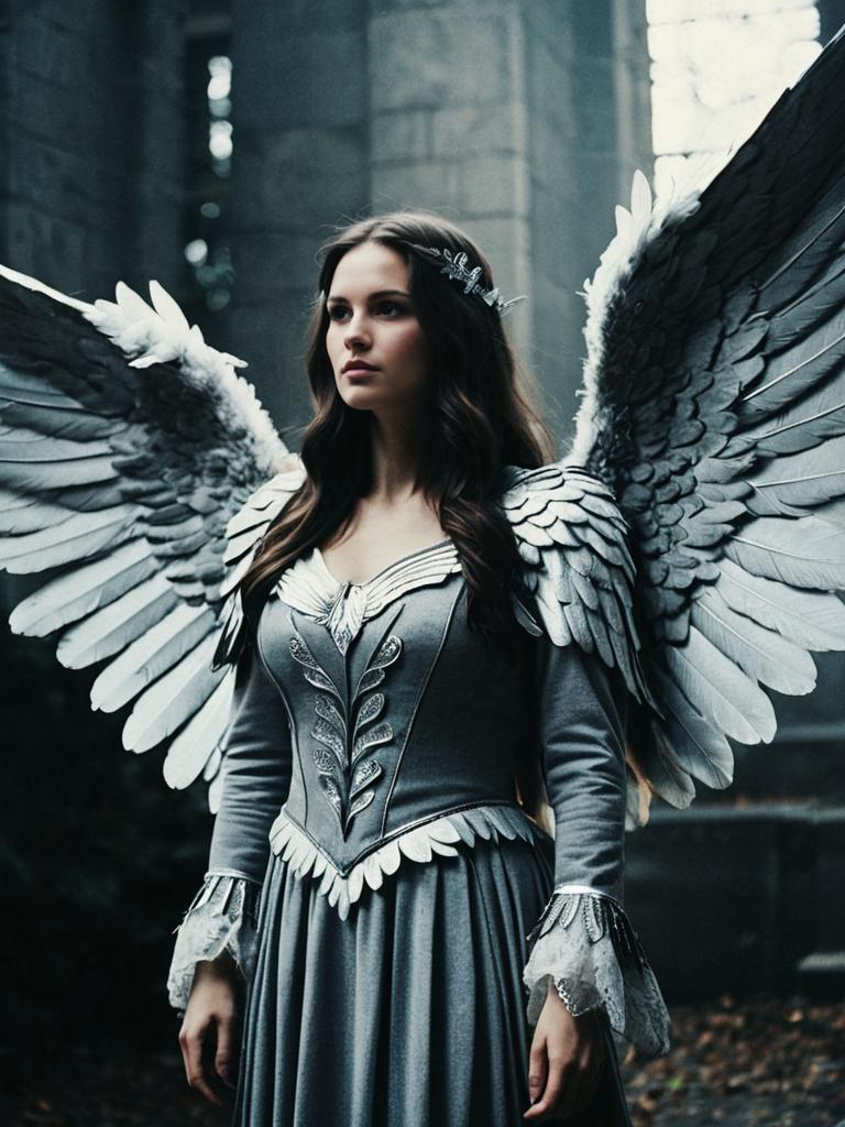Woman in Grey Angel Wings Costume with Cinematic Realism and Ethereal Ambiance