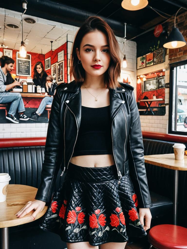 Stylish Young Woman in Black Leather Jacket and Floral Skirt in Coffee Shop