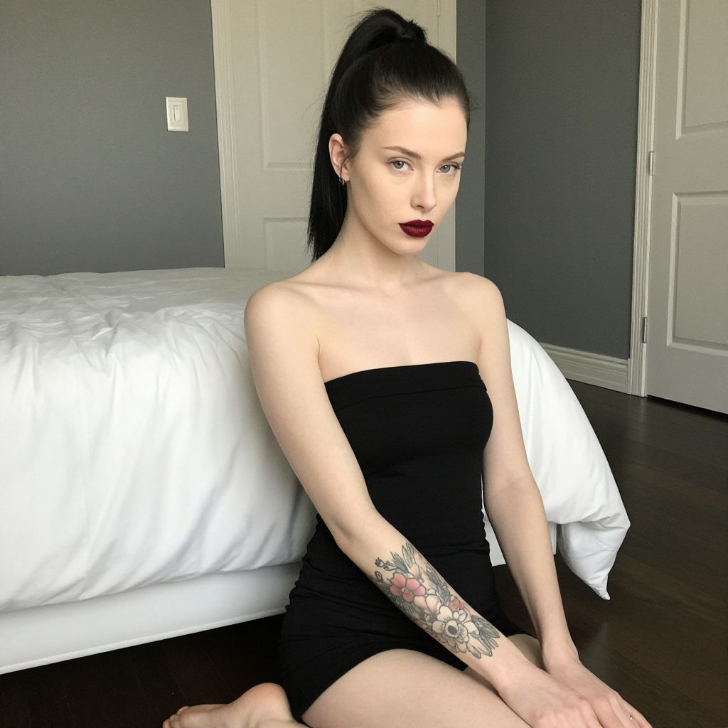 Young Woman with Floral Tattoo in Black Strapless Dress Sitting on Bedroom Floor