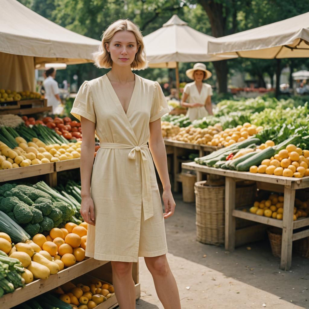 Woman in Chic Dress at Farmers Market