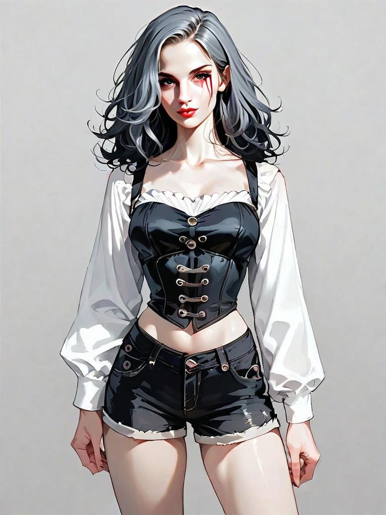 Realistic Illustration of Woman in Modern Minimalist Neoprene Corset and Black Shorts