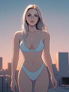 Anime Woman in Blue Bikini at Sunset