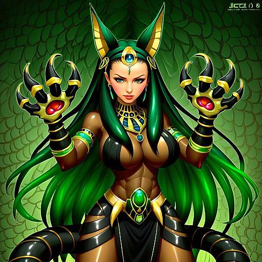 Anubis Monster Girl Illustration with Emerald Armor and Clawed Gauntlets
