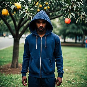 Man in Navy Hoodie Under Fruit Trees