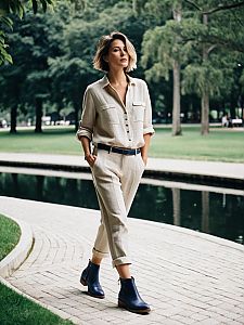 Stylish Woman Walking in Beige Jumpsuit and Navy Boots in Park