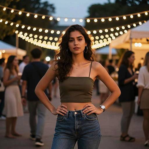 Confident Young Woman at Evening Outdoor Gathering with String Lights | Gen Z Street Style