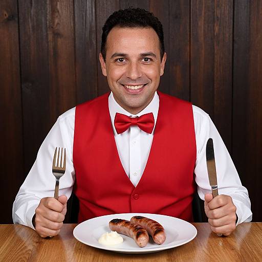 Happy Man in Red Vest Eating Grilled Sausages at Wooden Table