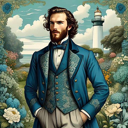 Victorian-Style Man in Blue Suit with Lighthouse and Floral Garden Background