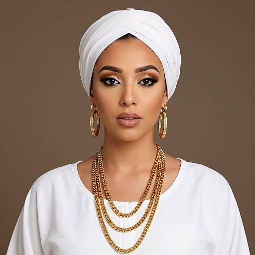 Elegant Woman in White Turban with Gold Jewelry Portrait