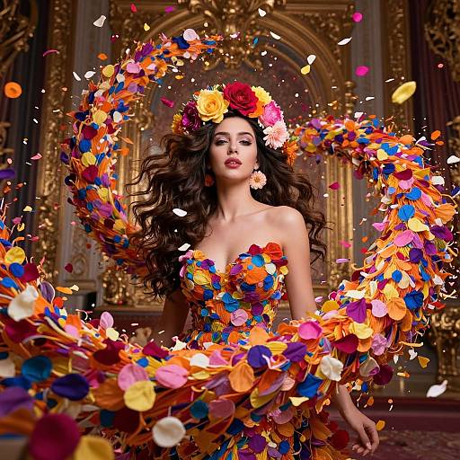 Woman in Colorful Floral Dress with Vibrant Petal Swirl in Ornate Room