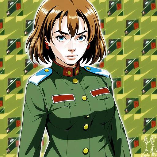 Anime Illustration of Woman in Military Uniform with Blue Eyes