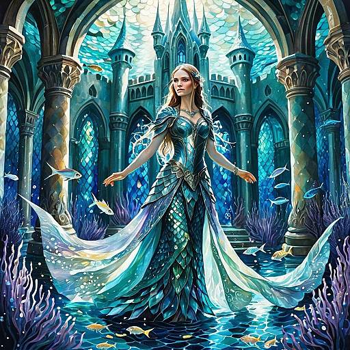 Fantasy Illustration of Woman in Underwater Castle Wearing Aquatic Armor Gown