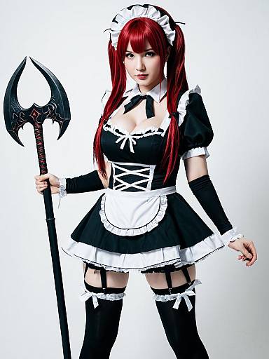 Airi the Infernal Temptress in Gothic Maid Cosplay with Trident Weapon
