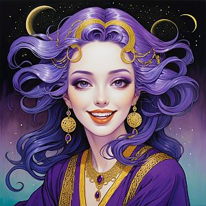 Ethereal Woman with Purple Hair and Gold Accessories