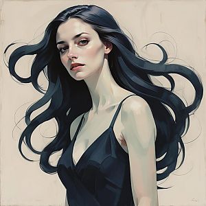 Contemplative Young Woman in Black Dress