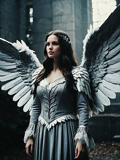 Woman in Grey Angel Wings Costume with Cinematic Realism and Ethereal Ambiance