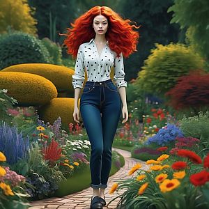 Woman with Red Hair in Garden Path