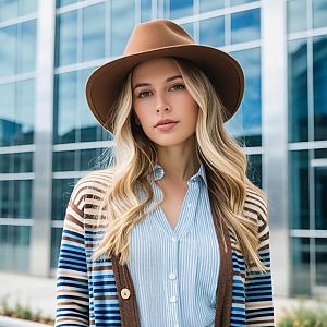 Young Woman in Brown Hat and Striped Cardigan in Urban Setting