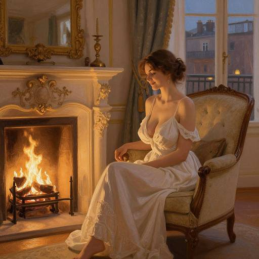 Elegant Woman in White Dress by Fireplace in Classic Cozy Room