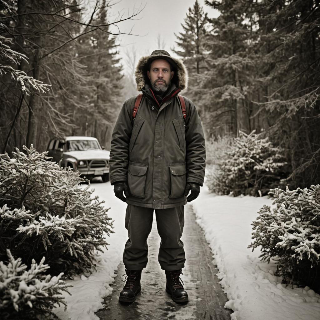 Man in Winter Forest with Rugged Vehicle