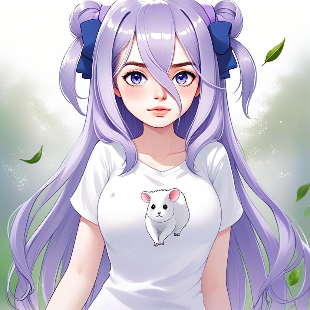 Anime Girl with Lavender Hair Wearing White T-Shirt with Mouse Illustration