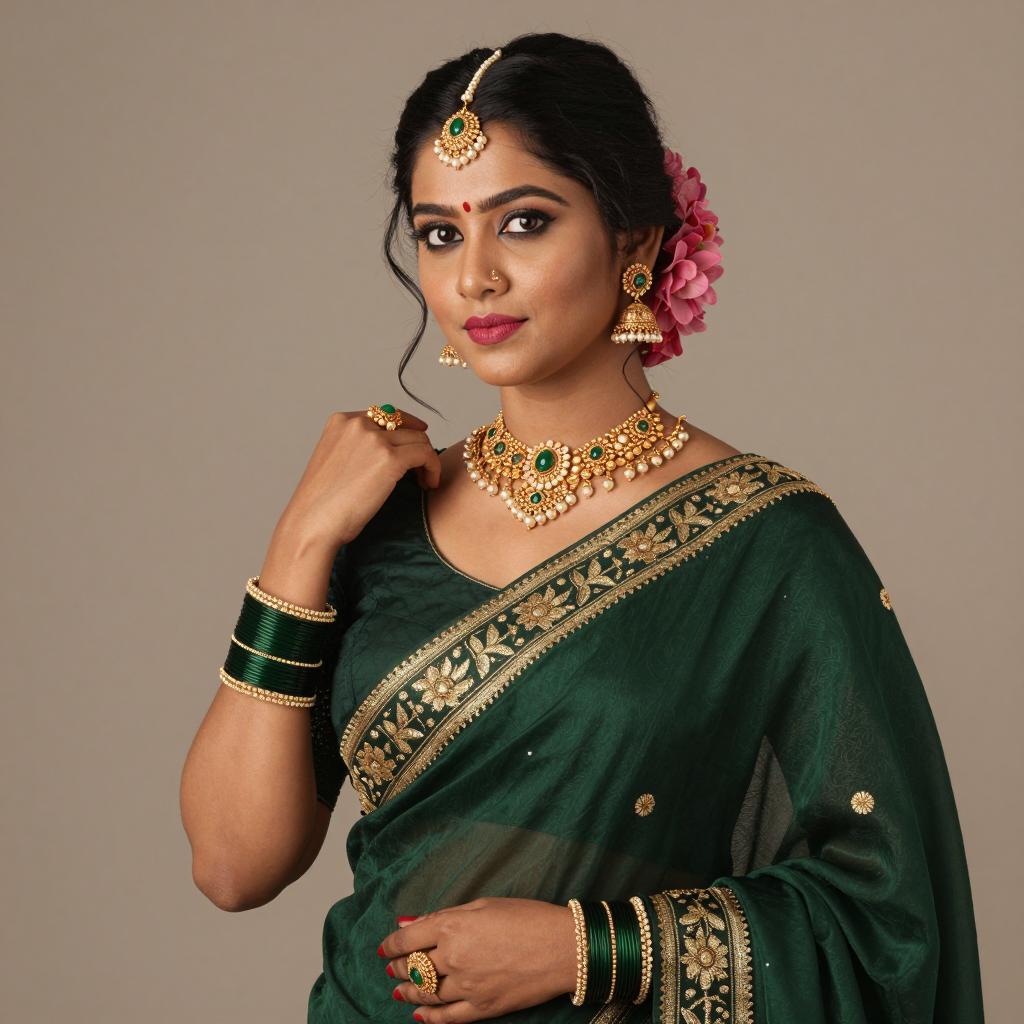Elegant Woman in Dark Green Embroidered Saree with Traditional Indian Jewelry
