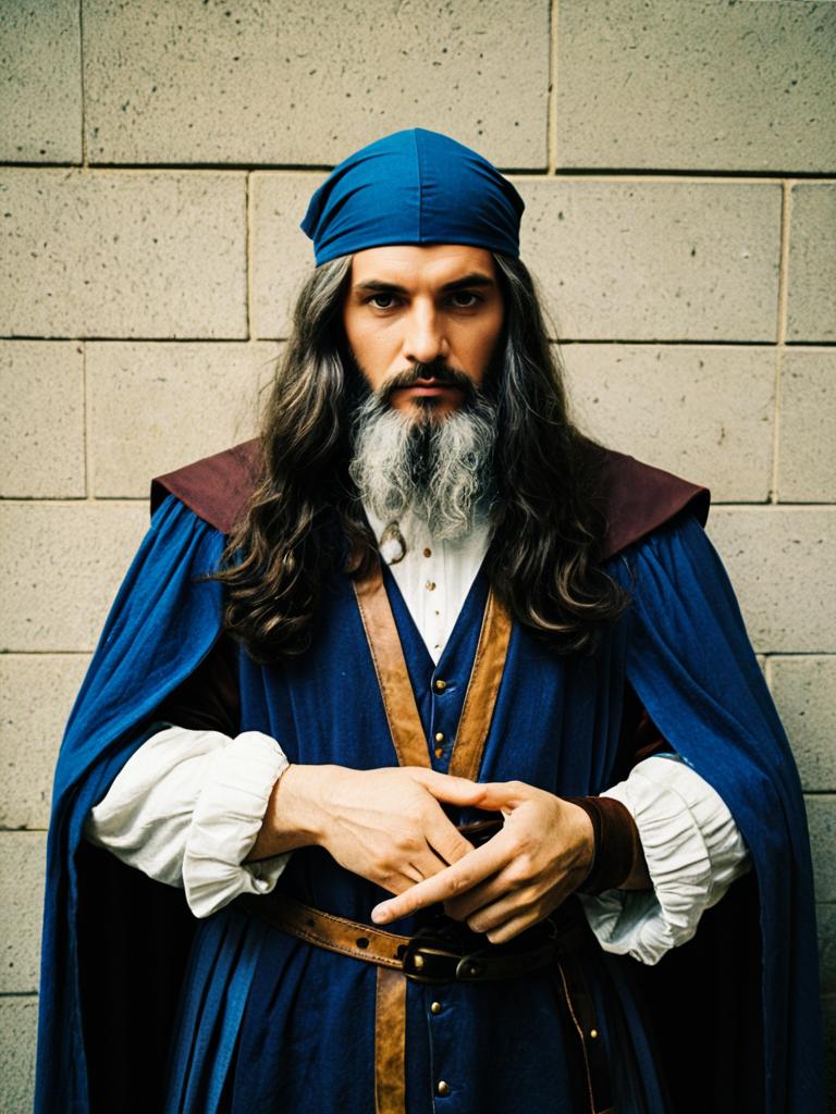 Realistic Leonardo da Vinci Costume Cosplay by Man in Renaissance Style