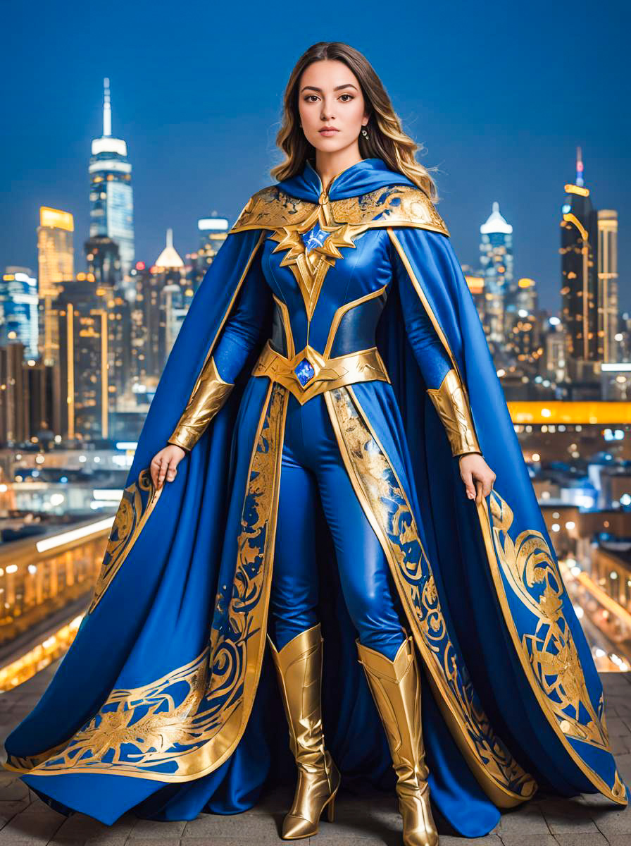 Woman in Blue and Gold Superhero Costume Against City Skyline