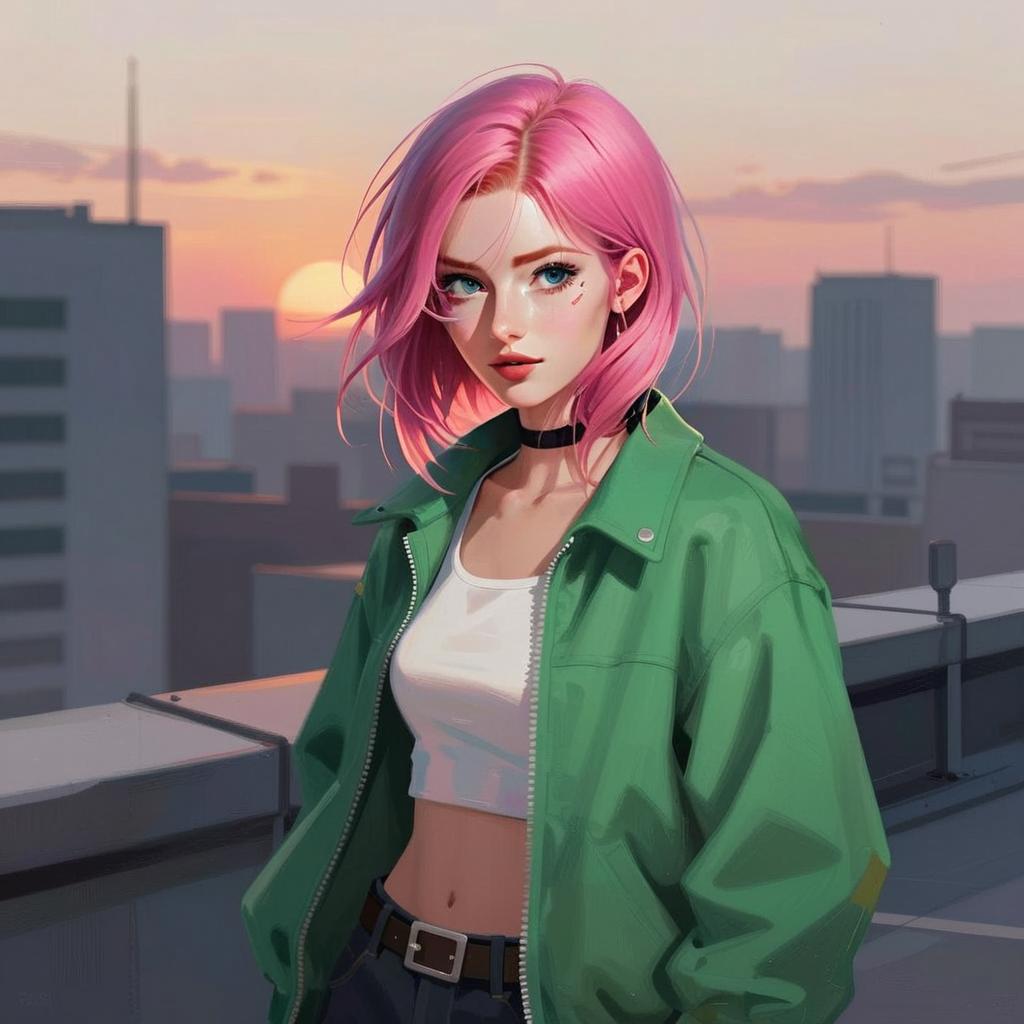 Stylish Young Woman with Pink Hair on Rooftop at Sunset