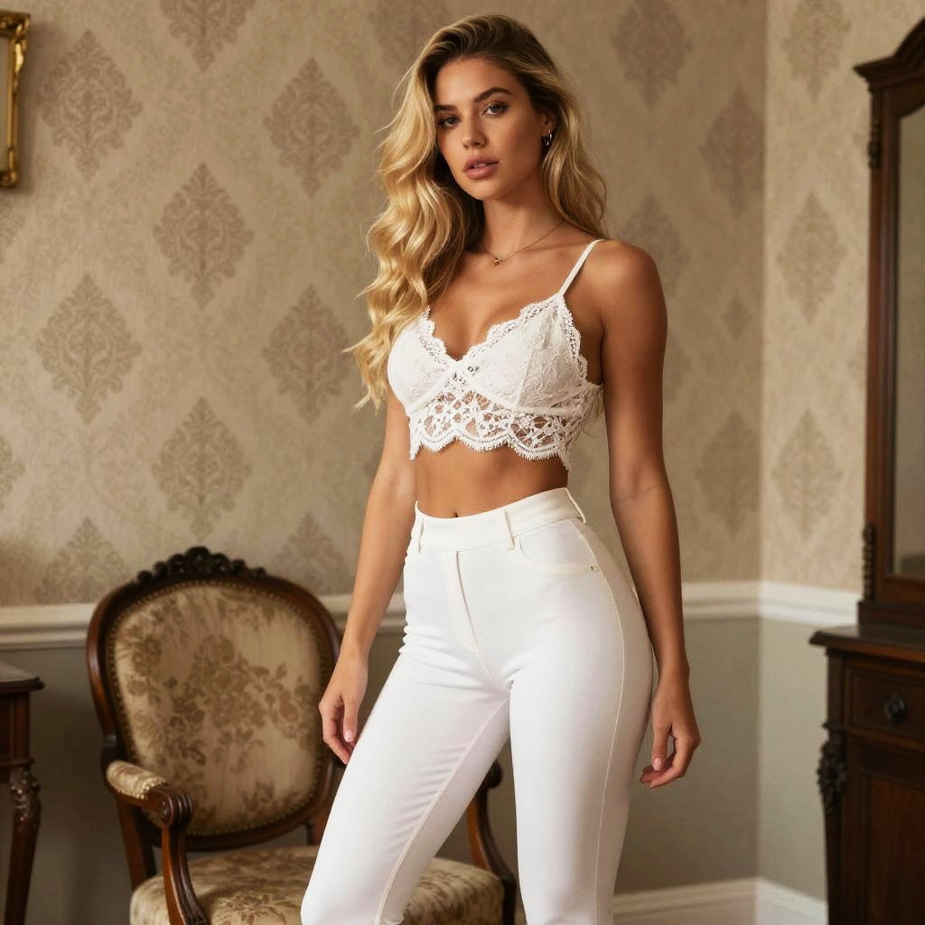 Gen Z Fashion Model Wearing White Lace Crop Top and High Waisted Pants