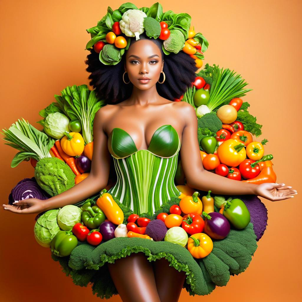 Woman in Dress Made of Fresh Vegetables