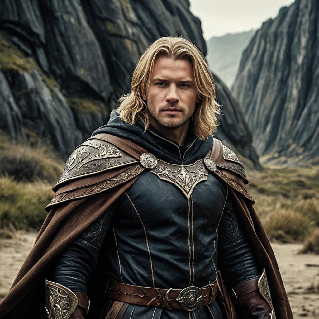 Heroic Medieval Warrior Man in Detailed Armor with Mountain Background