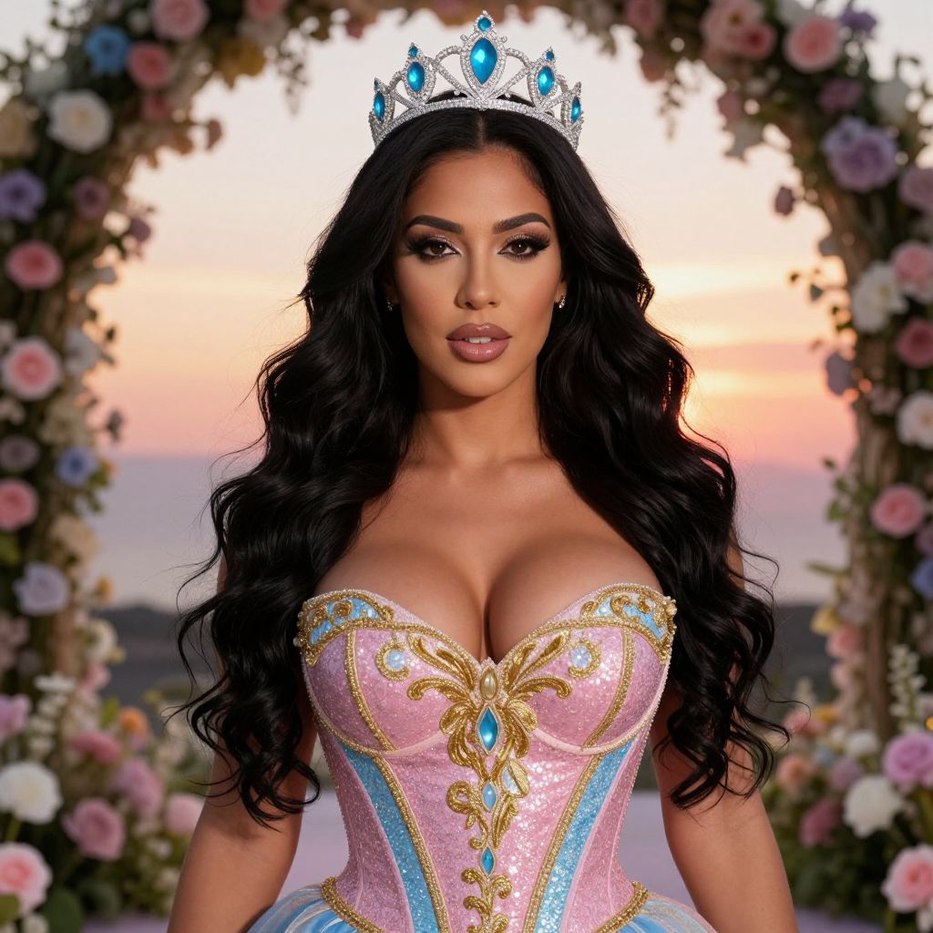 Regal Woman in Ornate Pink and Blue Corset with Jeweled Tiara