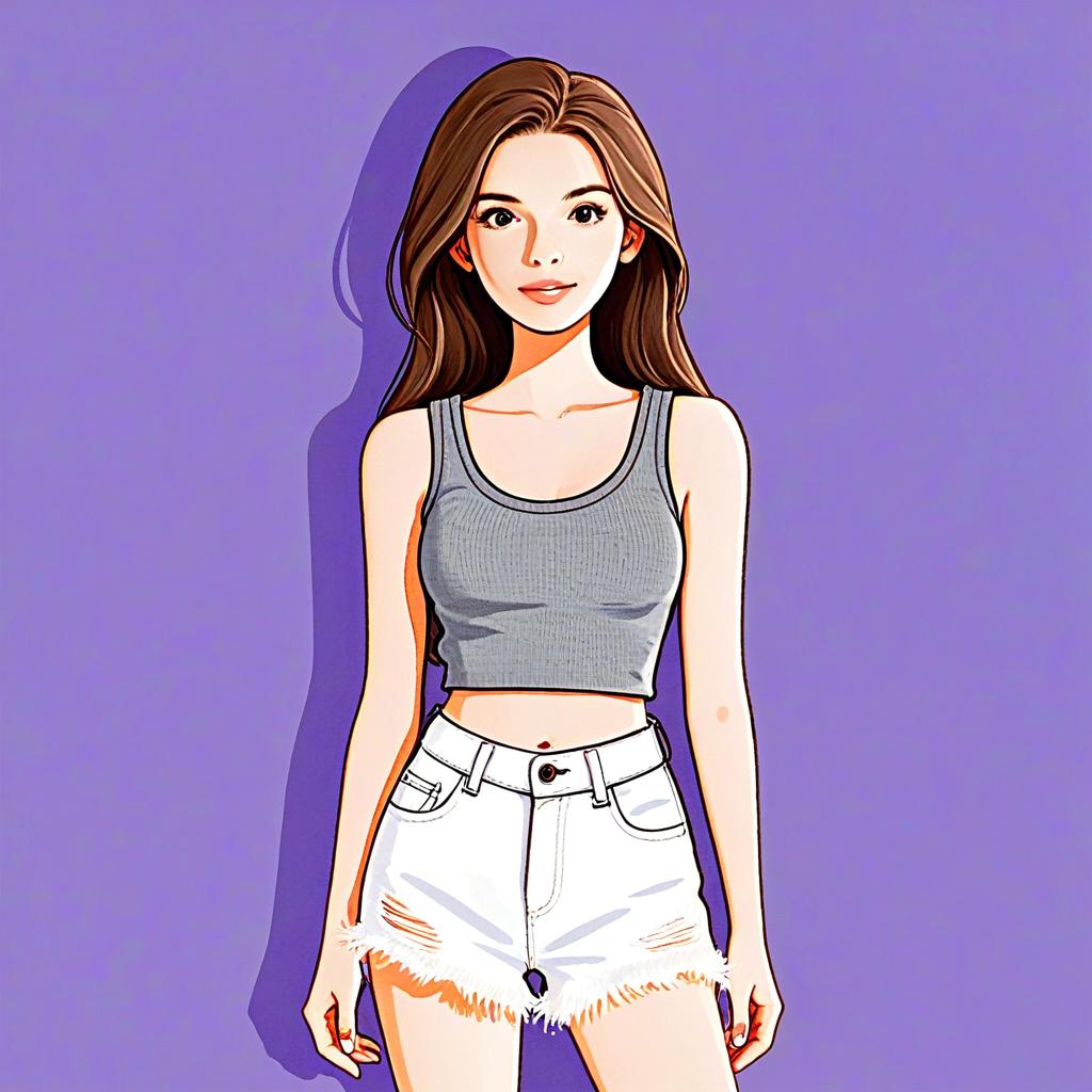 Stylized Digital Illustration of Woman with Cropped Knit Tank Top and White Shorts