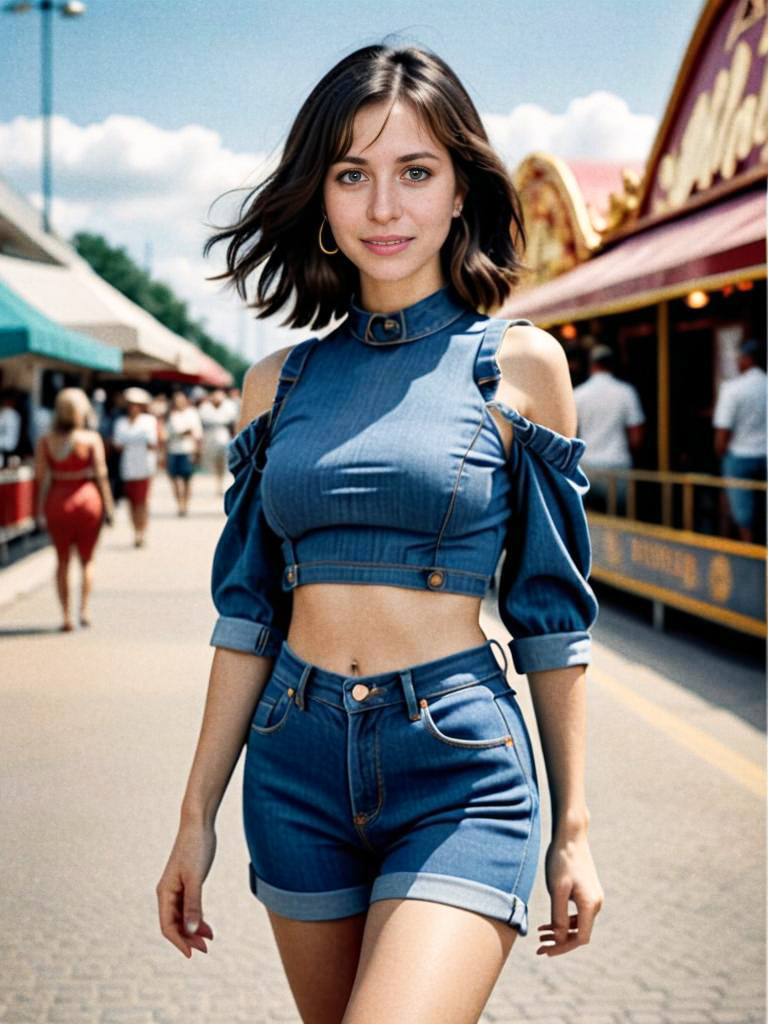 Young Woman in Stylish Denim at Summer Fair