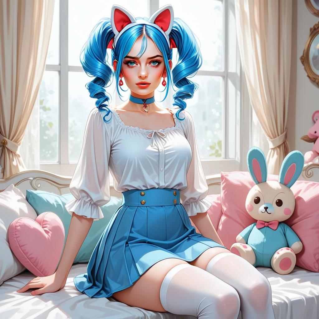 Stylish Blue-Haired Woman with Cat Ears Digital Art in Cozy Bedroom