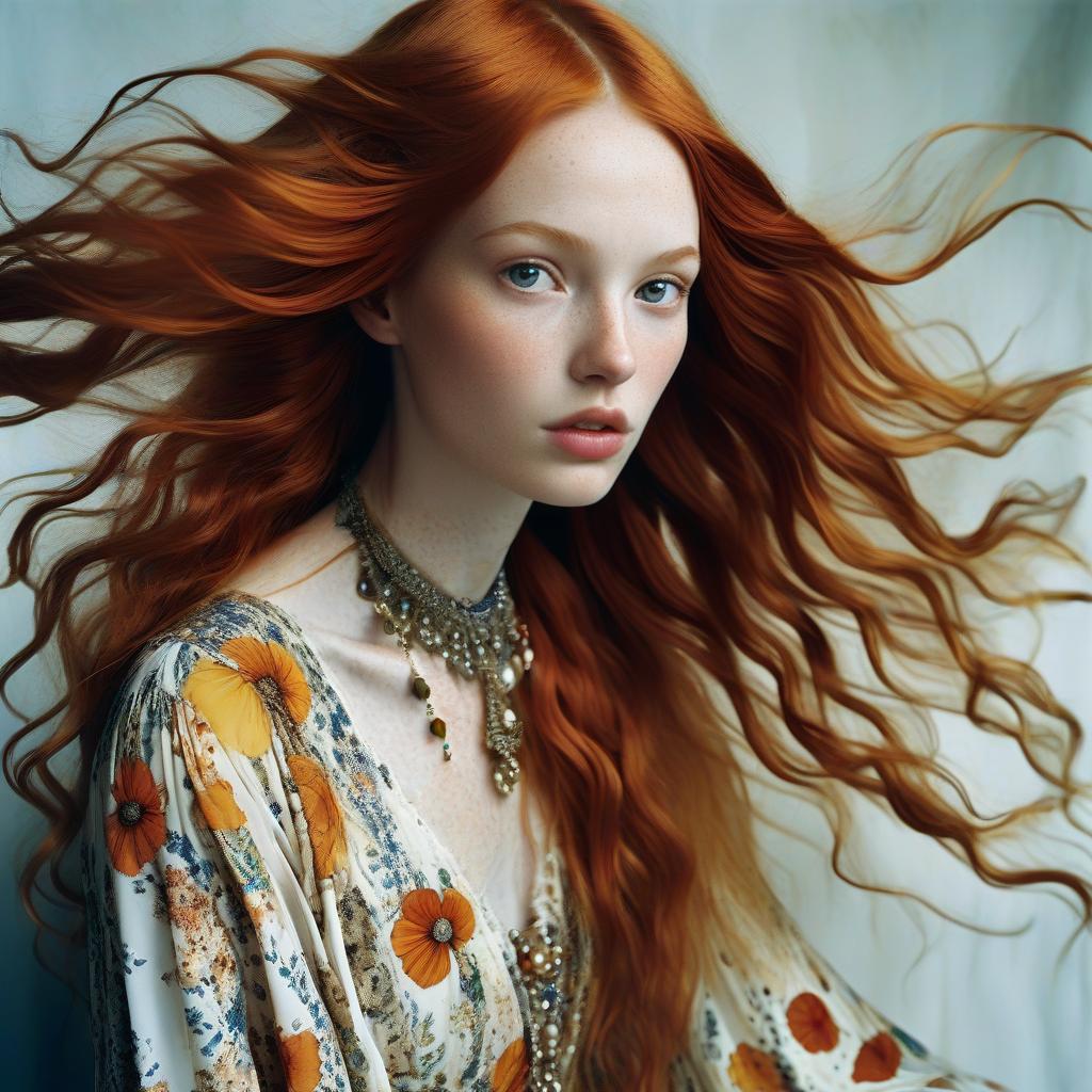 Portrait of Red-Haired Woman with Flowing Hair in Floral Vintage Dress