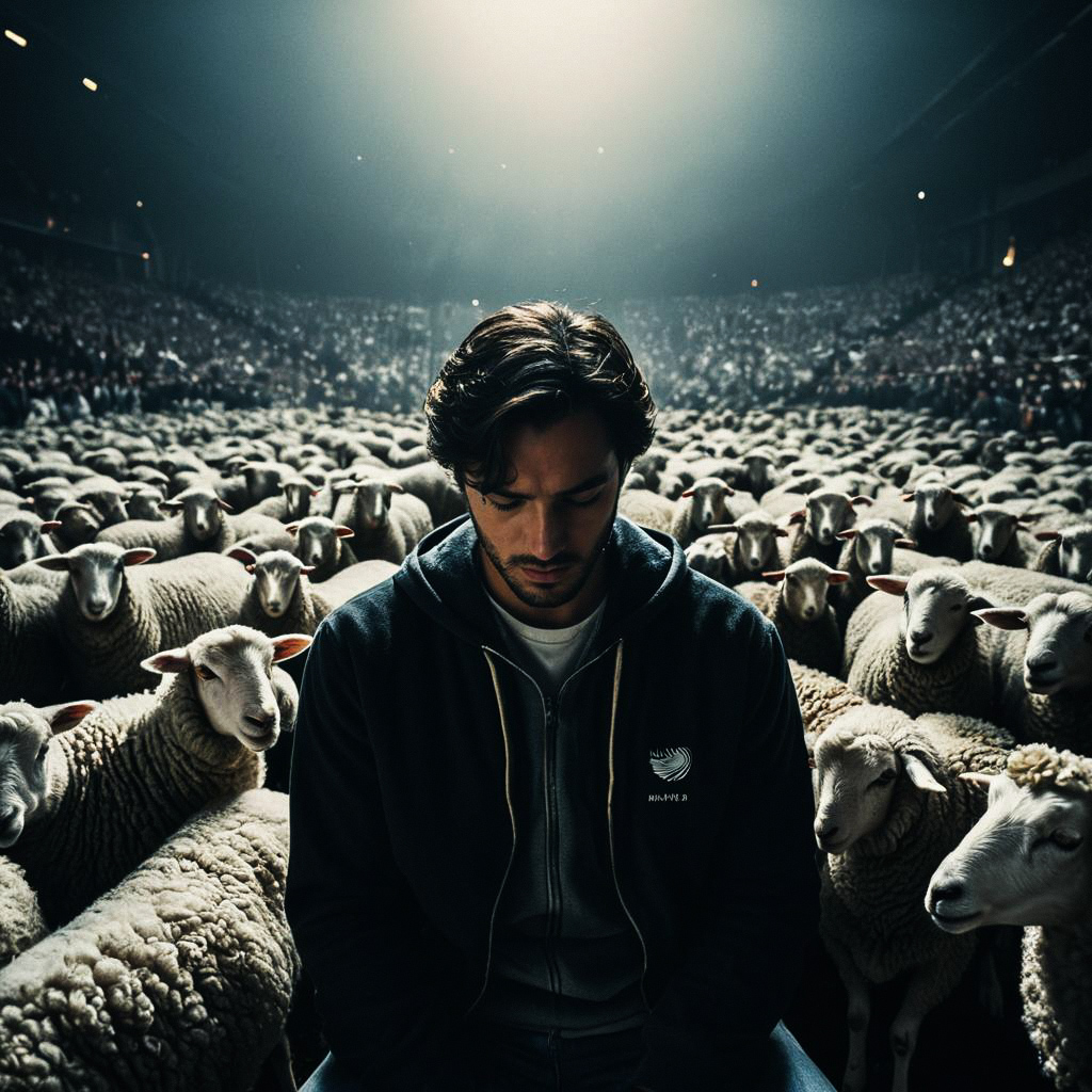Man Surrounded by Sheep in Contemplative Scene