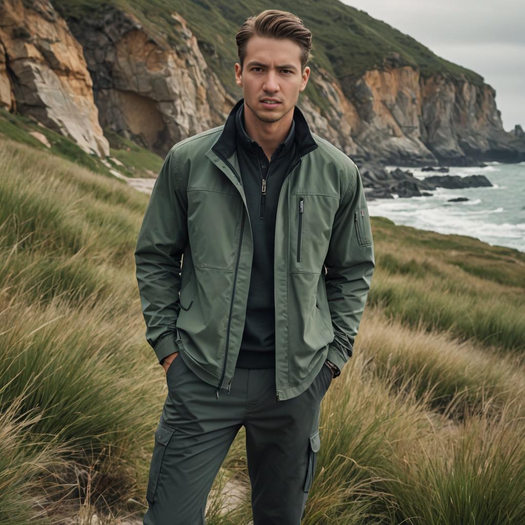 Confident Man in Stylish Casual Attire at Dramatic Coastline