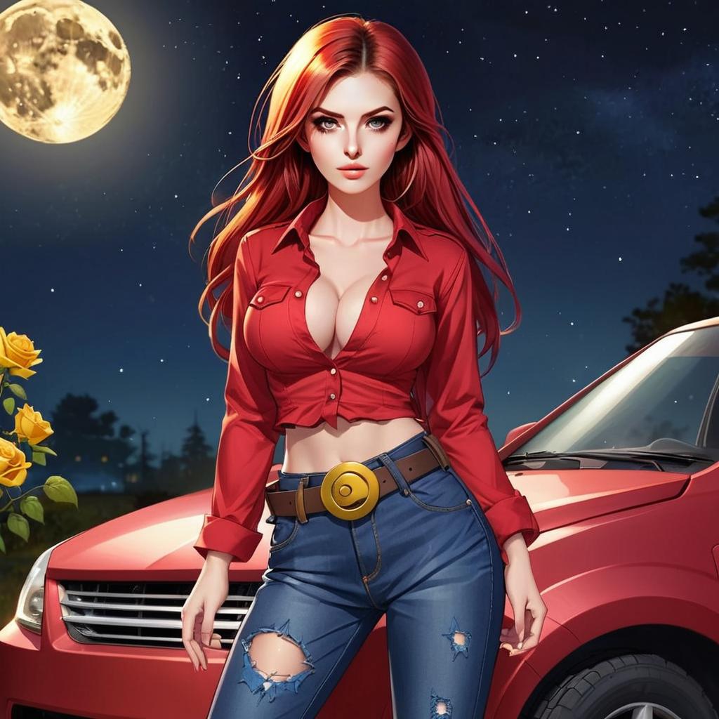 Confident Red-Haired Woman in Night Scene with Red Car and Full Moon