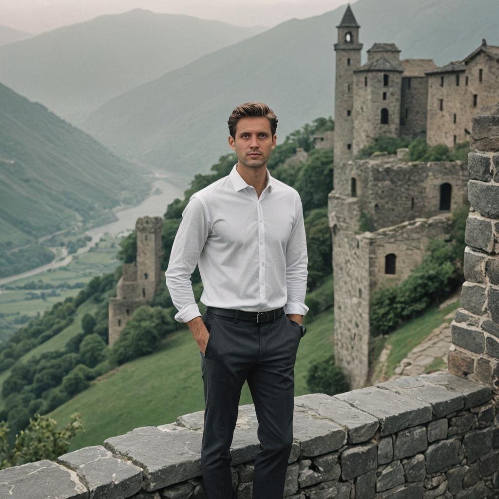 Confident Man in Front of Ancient Castle